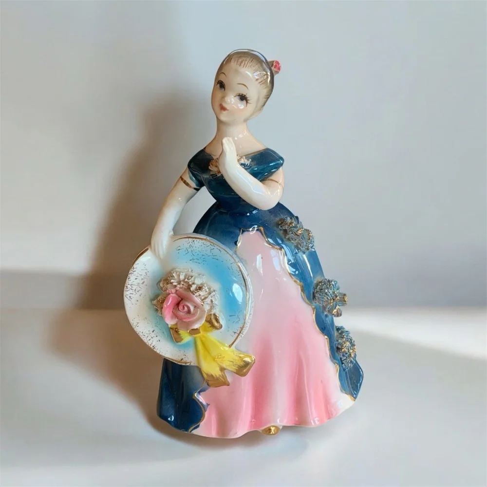 Vintage Porcelain Southern Bell Figurine, Blue & Pink Dress Flowers Matching Hat